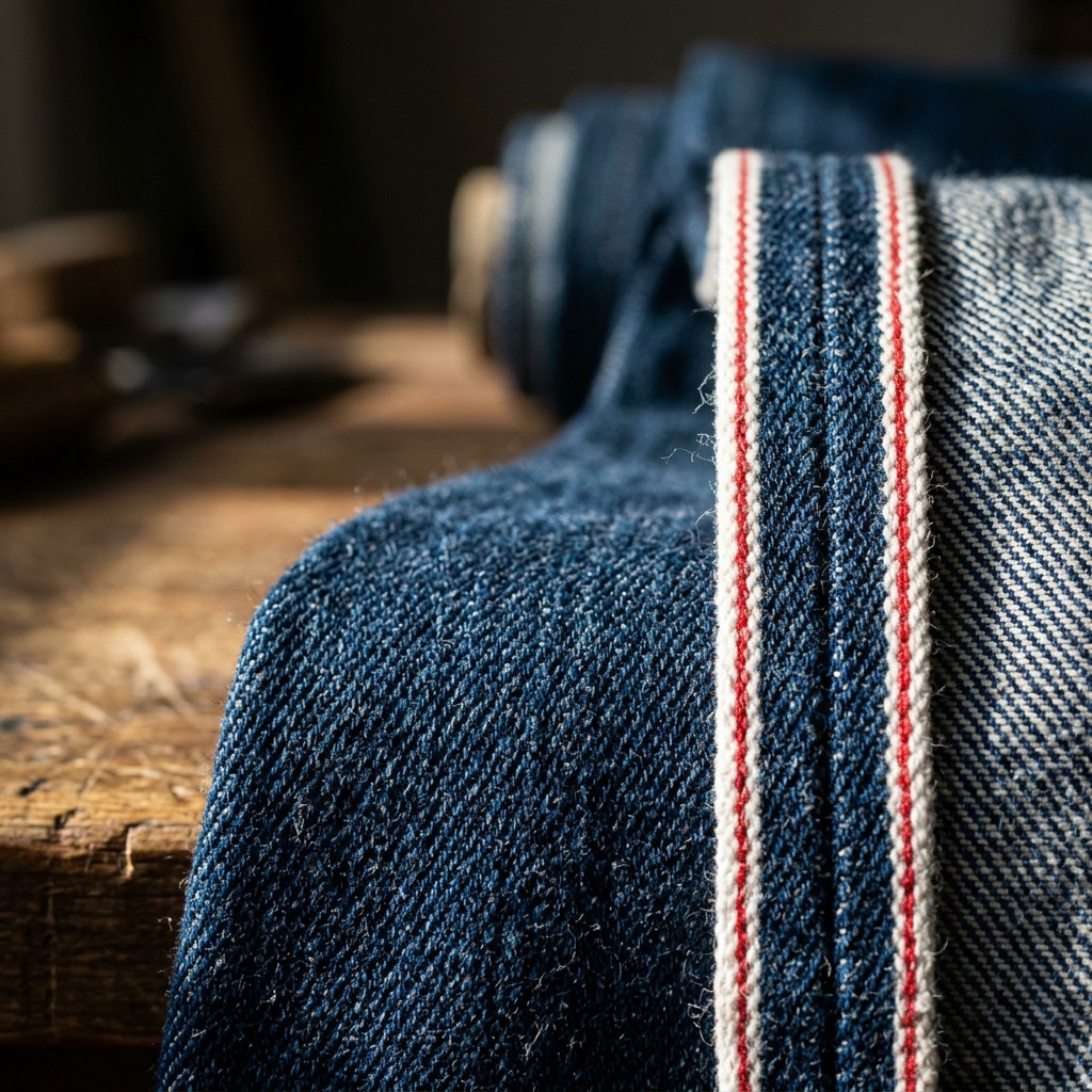 Close-up of indigo selvedge denim weave with red selvedge edge